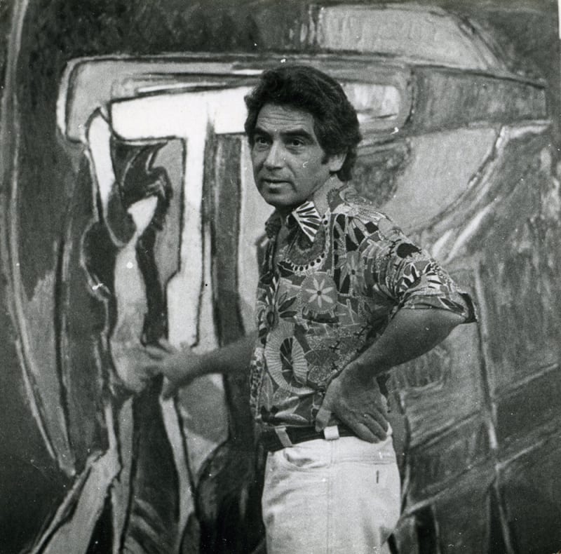 Oswaldo Vigas in front of Ancestral in 1977