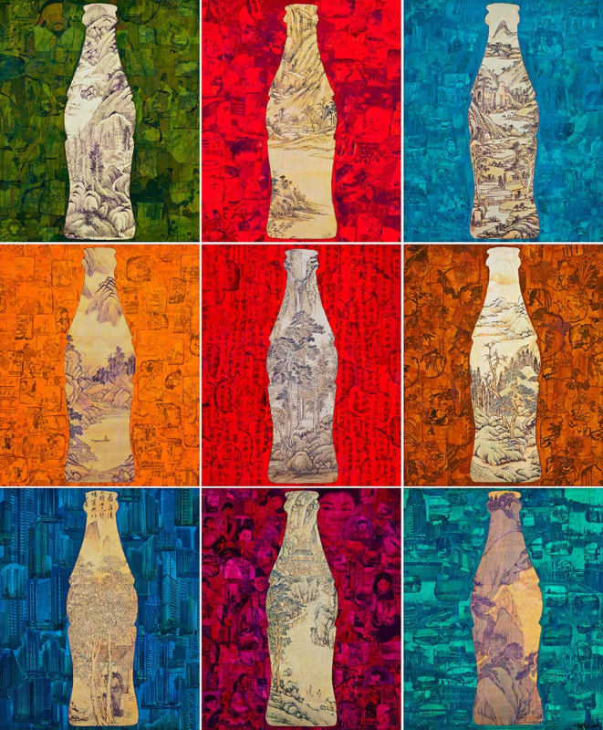 Coca Cola (Panoramic view) 可口可樂（全景） Acrylic on canvas, collage, mixed media 布面丙烯、拼贴、综合材料, 60x50cmx9, 2008