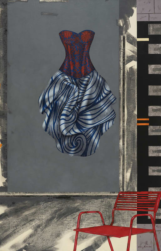 Andrés Rodríguez Santos El vuelo y la silla, 2021 mixed media on linen 72x46 in