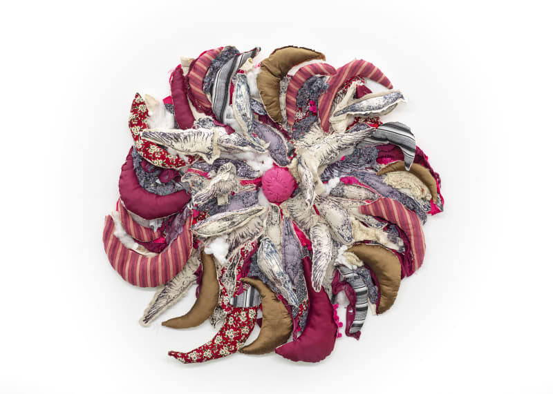 Elsa María Meléndez Es una trampa (It's a Trap), 2019 silkscreen on textiles and embroidery. 48 in diameter (122 cm diametro)