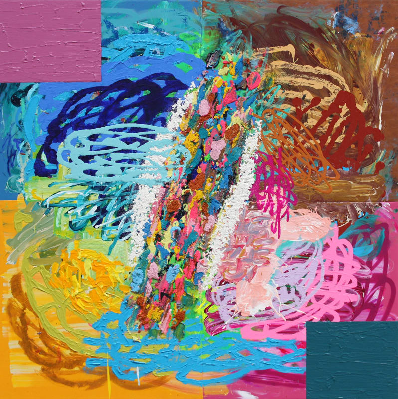 Patrick Alston, Coco Cherry Mango, 2023, Acrylic, gouache enamel, oil, pumice and textured spray on sewn fabric, 127 × 127 cm, 50 × 50 in