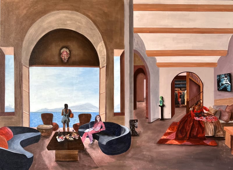 Cinthia Sifa Mulanga, Find Solitude, 2023, Mixed media of acrylic paint, collage and charcoal on canvas, 91 × 121 cm / 35 7/8 × 47 5/8 in