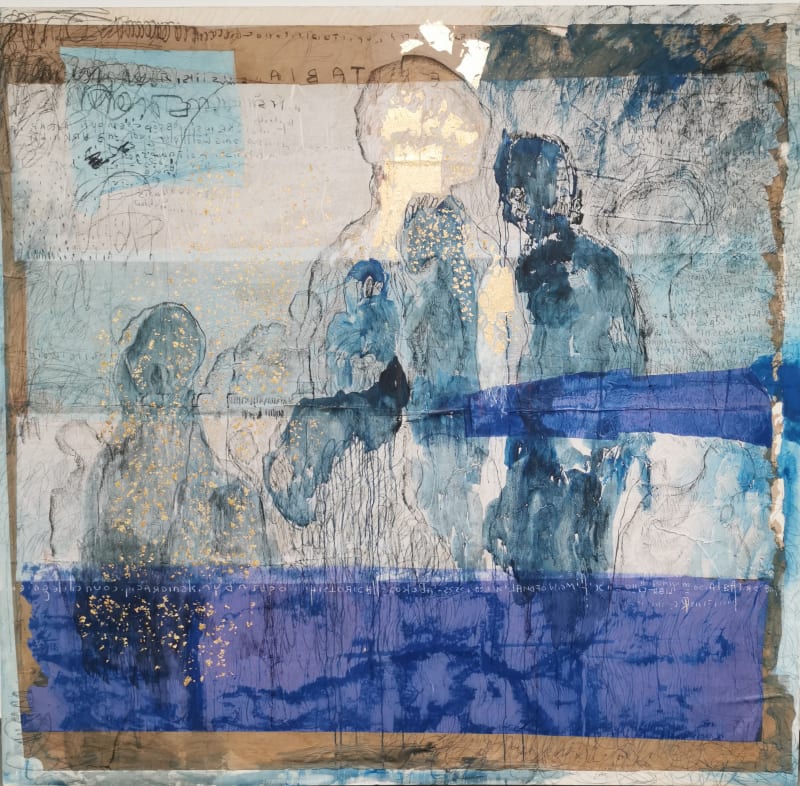 Cardinals' council 1 (2021) - Acrylic, pastels and gold leaf on paper mounted on canvas, 230 x 240 cm © Sess Essoh, courtesy LouiSimone Guirandou Gallery