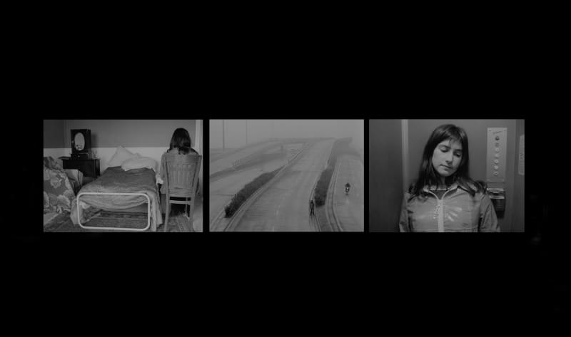 black and white photos of Chantal Akerman, beside a bed, and in an elevator, with a photo of a road between the two