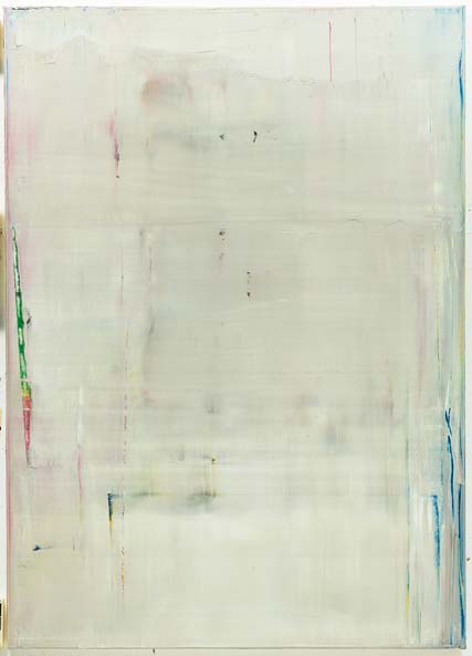 A white abstract painting with long brushstrokes of red, green and blue along the sides.