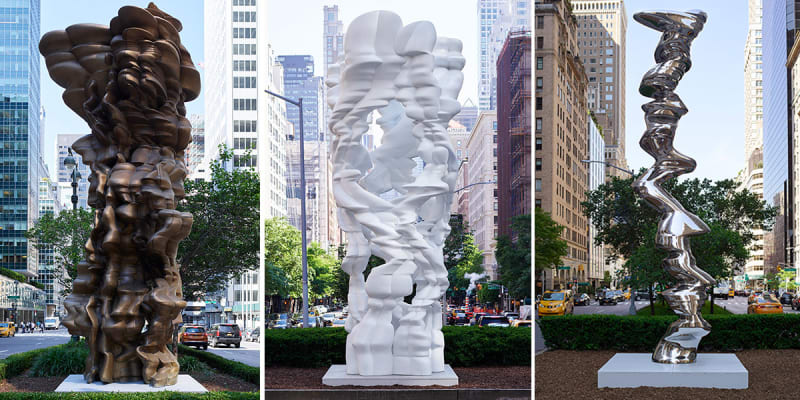 Three images of Cragg sculptures placed in cityscape settings.