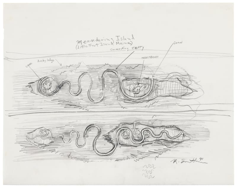 Robert Smithson, "Meandering Island (Little Fort Island Maine)" (1971) Graphite pencil on paper 