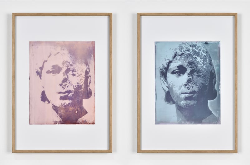 two framed images of a statue's head