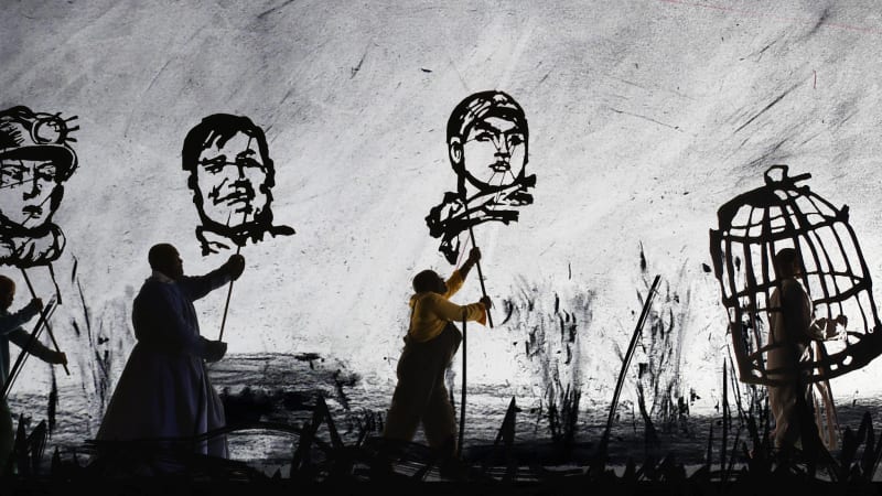 A still from a video installation by William Kentridge: "More Sweetly Play the Dance" (2015)