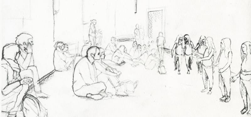 Line drawing of people sitting on the floor in a community space.