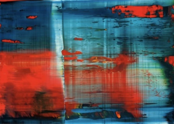 Abstract painting with red and blue streaks and markings.