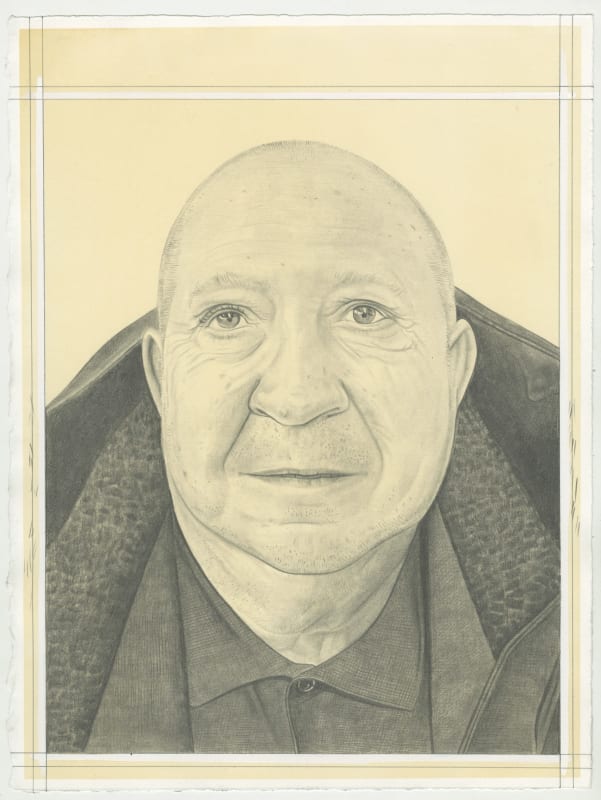 An image containing a pencil-on-paper portrait depicting Christian Boltanski