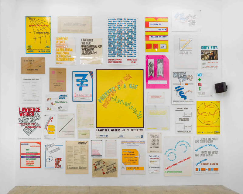 Installation view of "Apropos Lawrence Weiner" at Marian Goodman Gallery New York