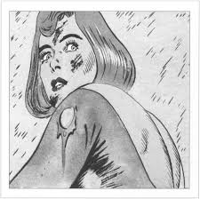 Cartoon black and white drawing of person looking over their shoulder. The sleeve on the shoulder has a rip.