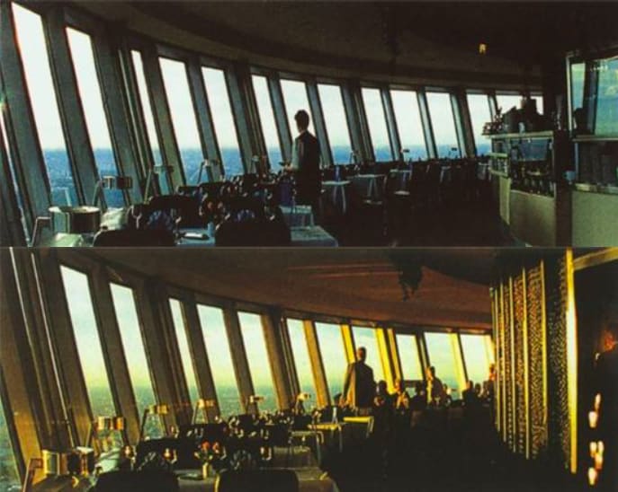 Two images placed in the same setting of a panoramic viewed restaurant with an individual looking out the window in a cool light and the other the individual standing at a table in a warm light.