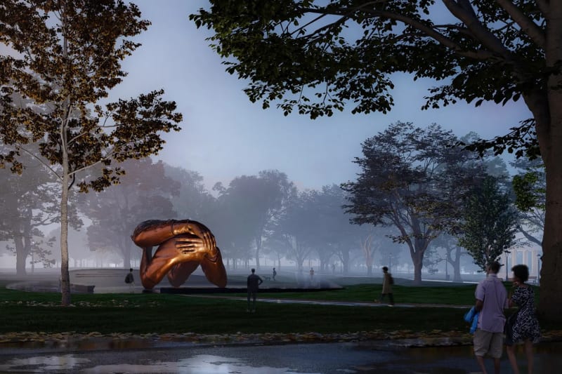 Hank Willis Thomas, The Embrace in the new 1965 Freedom Plaza by design firm MASS Design Group at Boston Common. Photo courtesy of the artist.