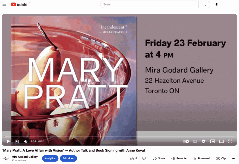 "Mary Pratt: A Love Affair with Vision" — Author Talk and Book Signing with Anne Koval https://www.youtube.com/watch?v=1IqTD8hsgQE
