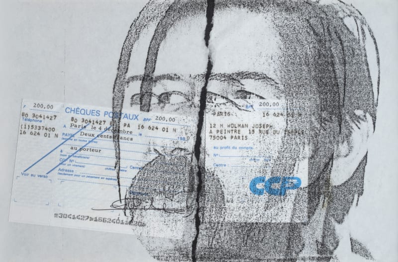 gil joseph wolman, ccp / s'en séparé, 1980, collage et chèque sur impression, 29 x 19 cm