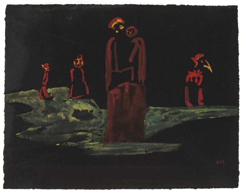 Henri Michaux Personnages, Circa 1937-1939 monogrammée en bas à droite au recto par Henri Michaux gouache originale sur papier noir 15,7 x 20,4 cm