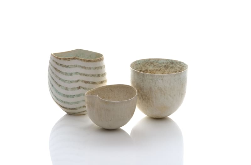 New ceramics by John Ward - Green and White Banded Pot, circa 1990s; Open Cream 'Heart' Bowl, circa 1980s; White and Green Bowl, circa 1980s