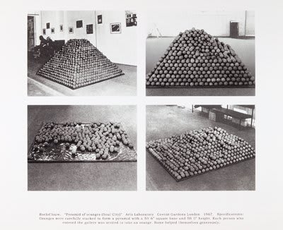 Pyramid of Oranges / Soul City Roelof Louw, 1967, photographic print and text, Courtesy Leeds Museums & Galleries