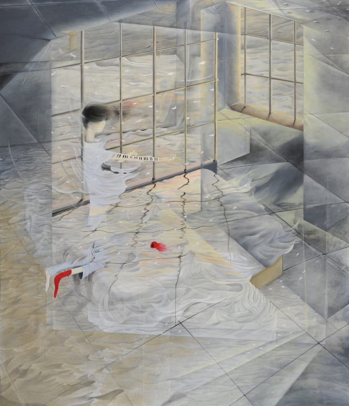 Tomoko Kashiki Arm Piano 2015 Acrylic, alkyd, pastel, sand, clay, linen, wooden panel 212.2 x 183 cm