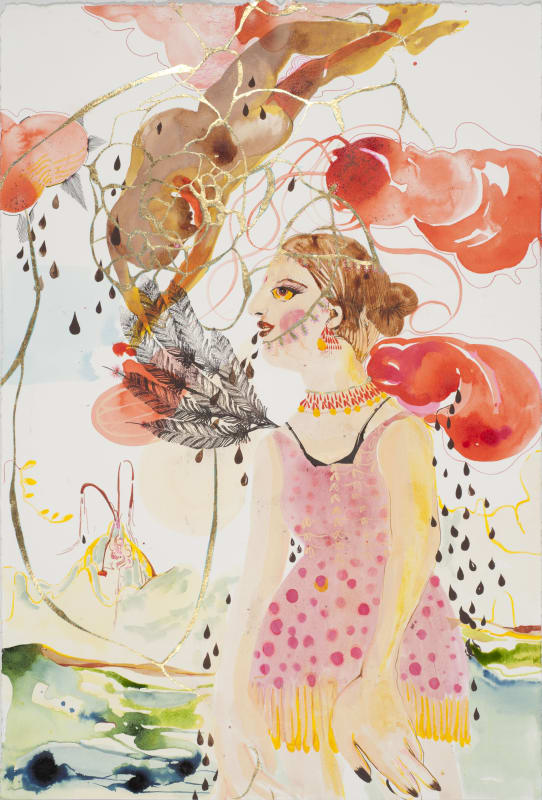 A life that is never tasted when girls at home are arrested. Gold ties, tighten, play her a fool time, time and time again and so it can be imagined chocolate drips from tomato clouds will finally loosen and I will stick, sticky in love with freedom as this simple spring will widen and her heavy shouldered arms will lighten 2012 Acrylic, ink, gold, water color paper 56 x 38.1cm
