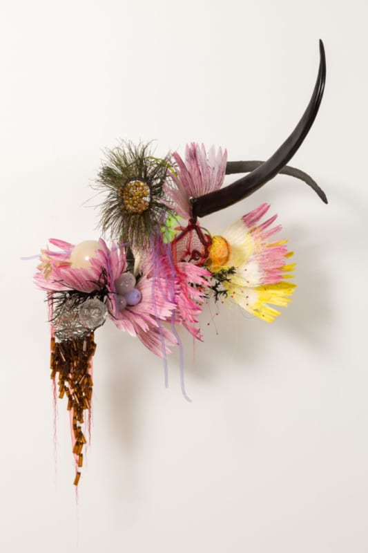 Ground had risen to sprout new plant, uttered first spoken its difference from black black soil toward a white tight sky, a colored sapling winged but bashful gifted a diversity with one sharp bite of chromosomes monstrous as it devoured what it is in air and earth to live again each time different slanted time. 2013, feathers, glass beads, glass vials, steel, wire, acrylic horn, ceramic ball and horn, 60 x 90 x 45cm
