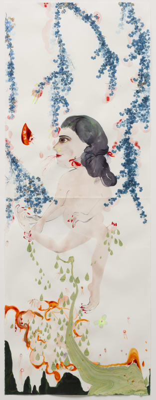 Rina Banerjee, "Petty crime, shame on her mind", 2014, Acrylic, ink and collage on watercolour paper, 153.3 x 57.3 cm