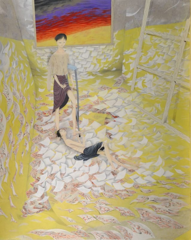 Tomoko Kashiki Yello Hill 2015 acrylic, ink, wall paper, Washi (Japanese paper), single-side glazed paper, linen, wooden panel 227.3x181.8cm