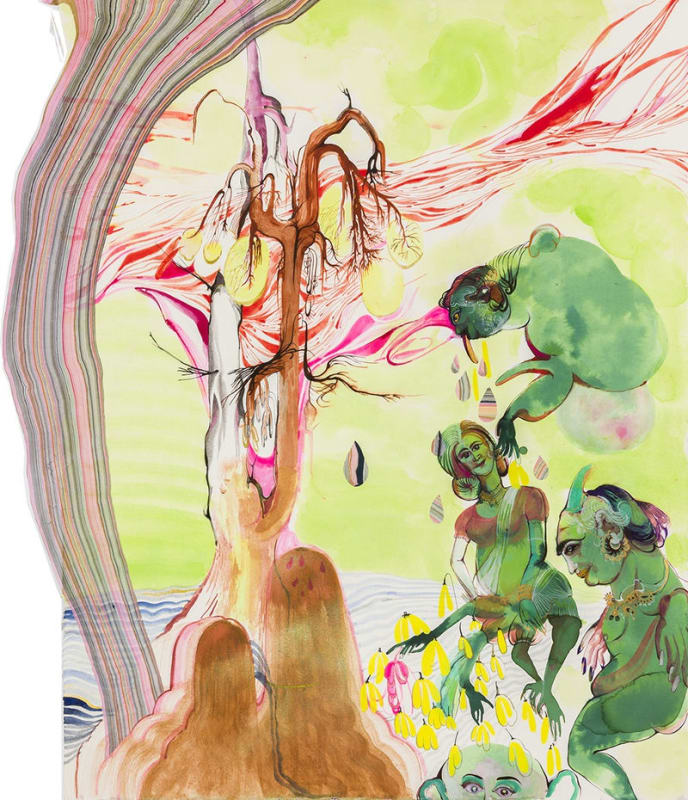 Rina Banerjee The gene was his mule. Mendel with his peas in the monastery, in thick garden, made variety, made mischief while green ponds, unripe flower took to crossing, blended fluids so dominant was recessive. 2014, ink, acrylic and collage on handmade paper 67.1 x 56.0 cm