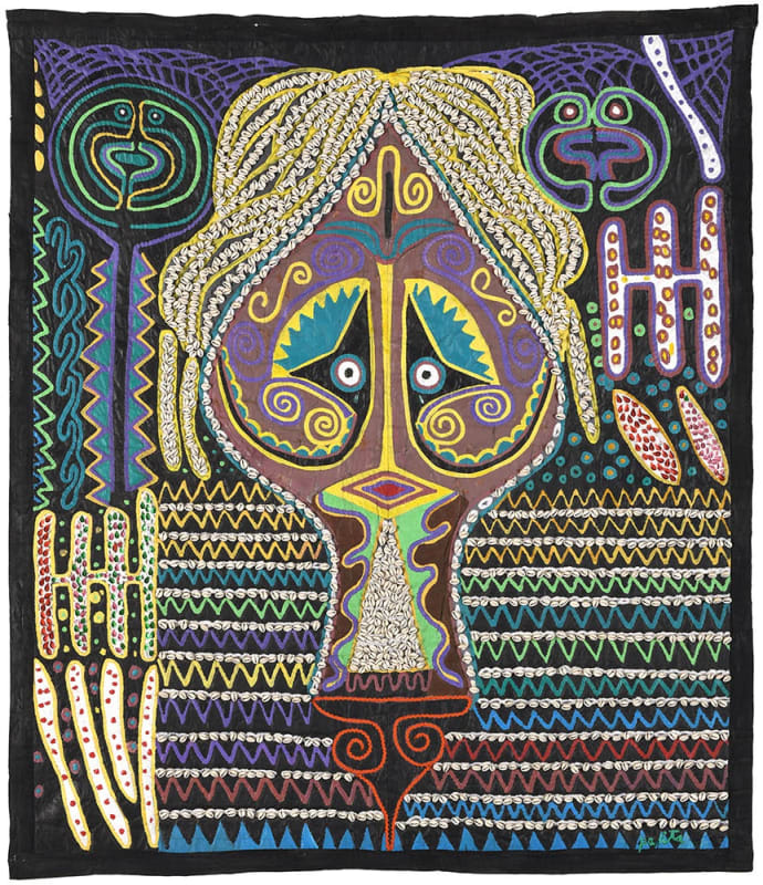 Weeping Woman, 1985 Acrylic, cowrie shells, buttons, glass beads, rick rack ribbons stitched on padded canvas 82 x 72 in 208 x 183 cm