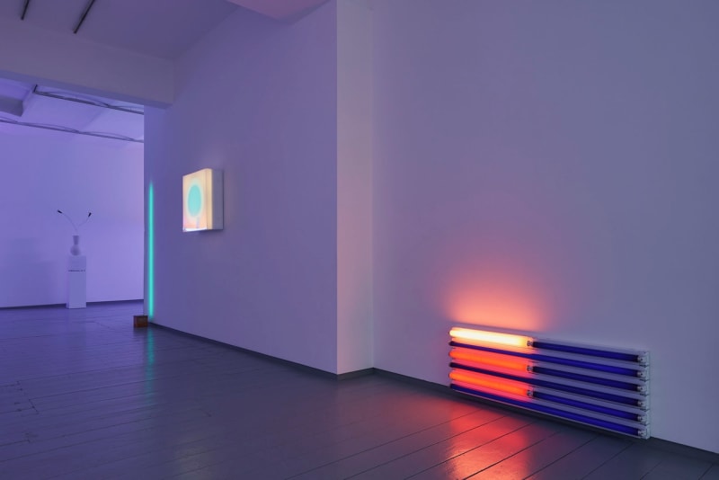 Installation image of Brian Eno/Dan Flavin at Paul Stolper Gallery, London