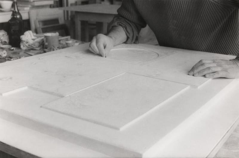Ben Nicholson working in his studio, Casa alla Roca, 1965