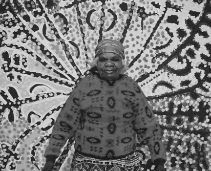 A black and white photo of Aboriginal-Australian artist Lorna Naparulla Fencer.