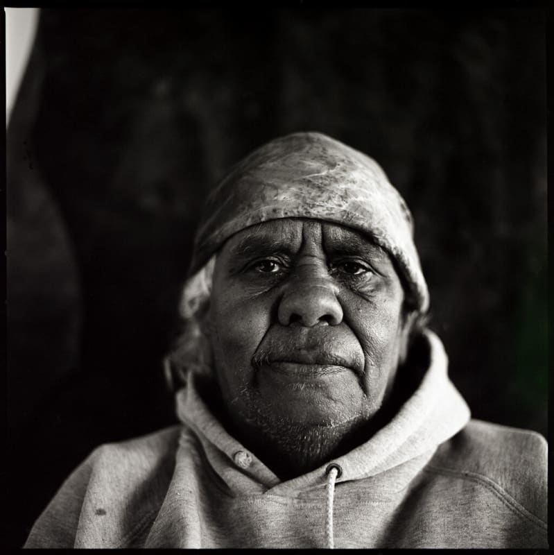 A black and white portrait photo of Aboriginal-Australian artist Dulcie Sharpe.