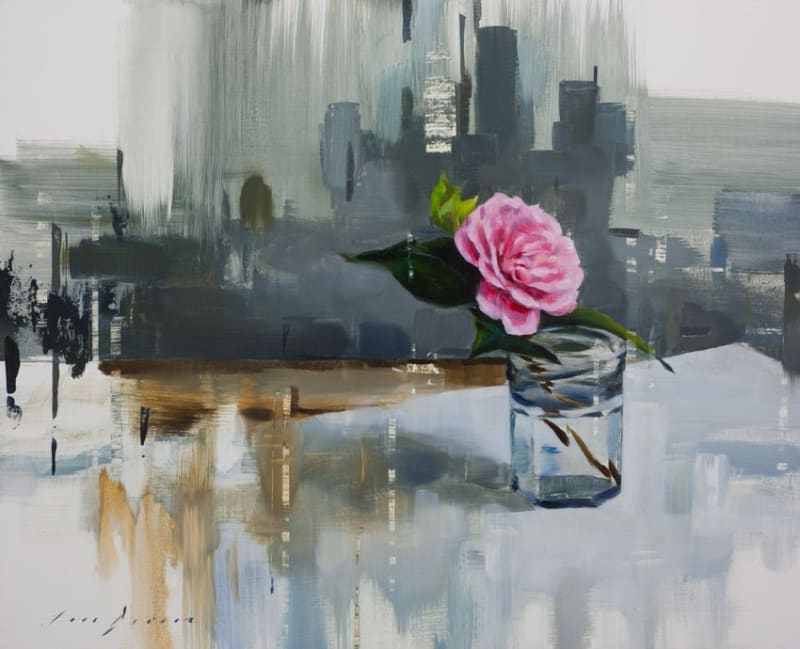 Pink Camellia And Grey, 2017, an artwork by artist Jon Doran, as shows at the Rebecca Hossack Art Gallery