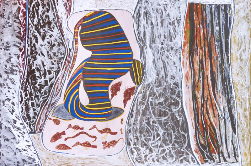 Ochre Painting of Australian Wildlife titled YouTube Snake by Aboriginal non-Western artist from Injalak Joe Guymala featured in Mankerrnge Bim at the Rebecca Hossack Gallery London