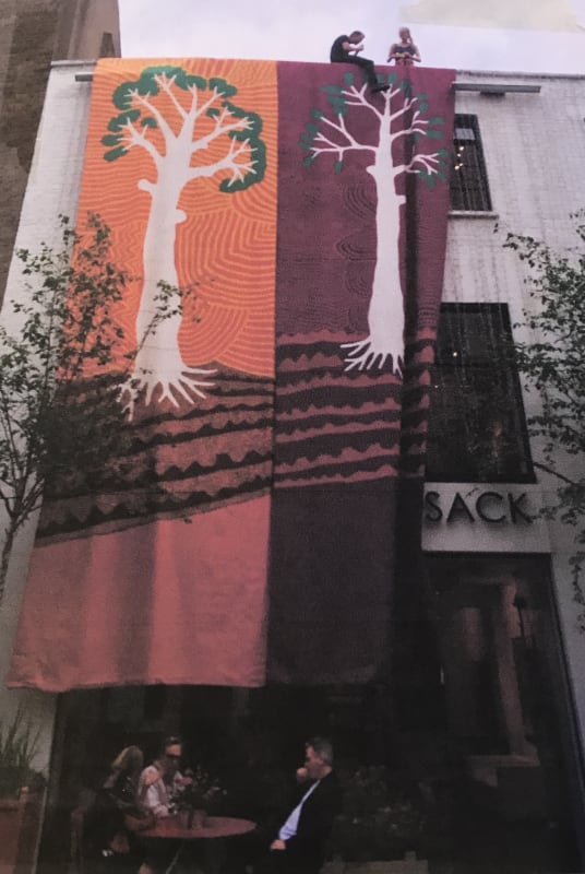 Jimmy Pike banners at the Rebecca Hossack Gallery for Desert Cowboy in London Exhibition