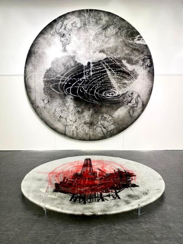 Nasreddine Bennacer, Paper Trampolin, 2/3 triptych, pastel on Japanese paper stretched over metal ring, 2018. In collaboration with Krishna Reddy.