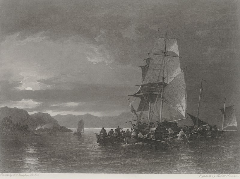 The Smuggler Brig "Jumping Jenny", lying to, delivering her cargo to boats alongside . RSA collections