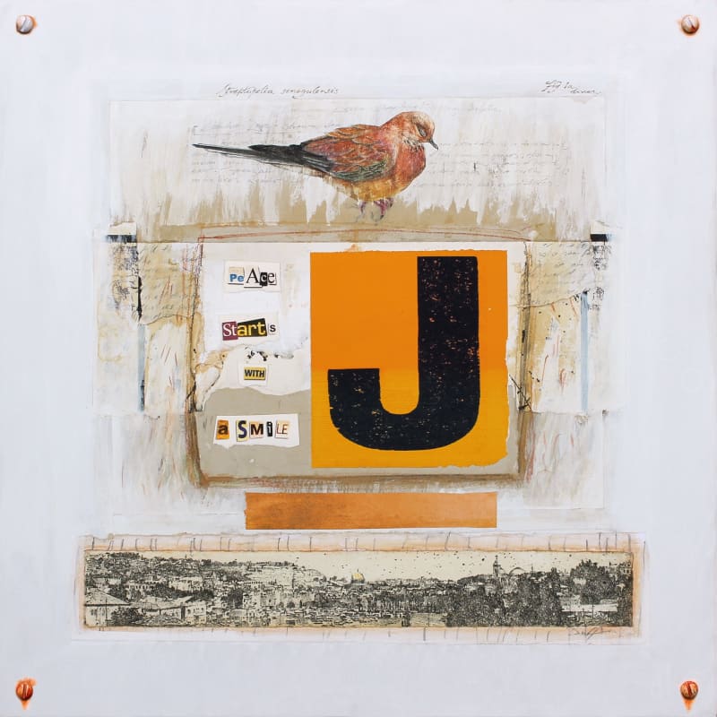 Stuart Duffin RSA, Jerusalem Dove, 2020, mixed media collage on panel, 40 x 40 cm