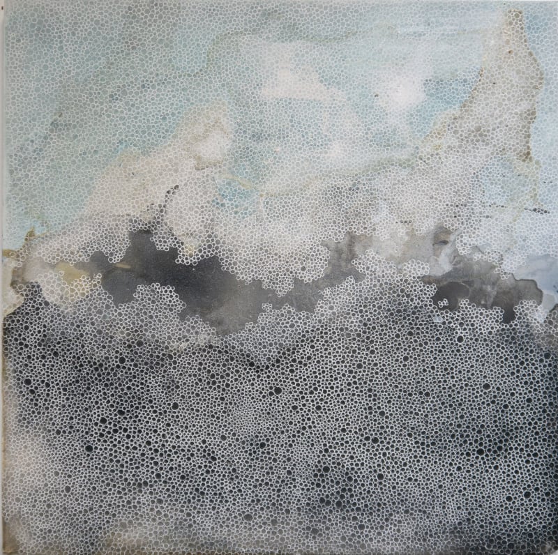 Opening (2020). Acrylic, iridescent ink, pigment ink, gouache and gesso on cradled board.