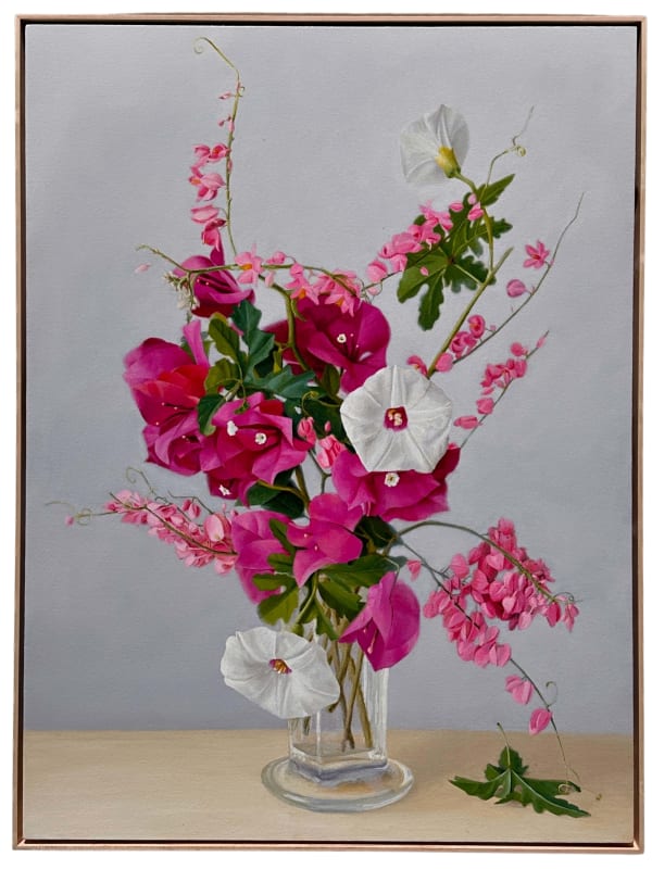 Eva Marengo Sanchez, July: Alamo Vine (native), Bougainvillea (not native), Coral Vine (invasive), 2025, Signed lower right, Oil on canvas, 40 x 30 in, 101.6 x 76.2 cm
