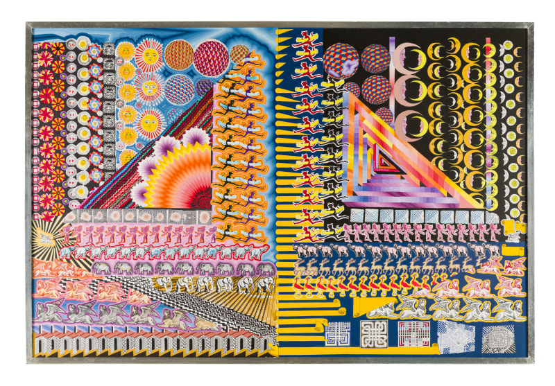 Pedro Friedeberg, Bodas triangulares orgánicas interacciones morganáticas, 2021, Signed, titled and dated, Ink and acrylic on museum board, 41.4 x 61.1 in, 105 x 155 cm
