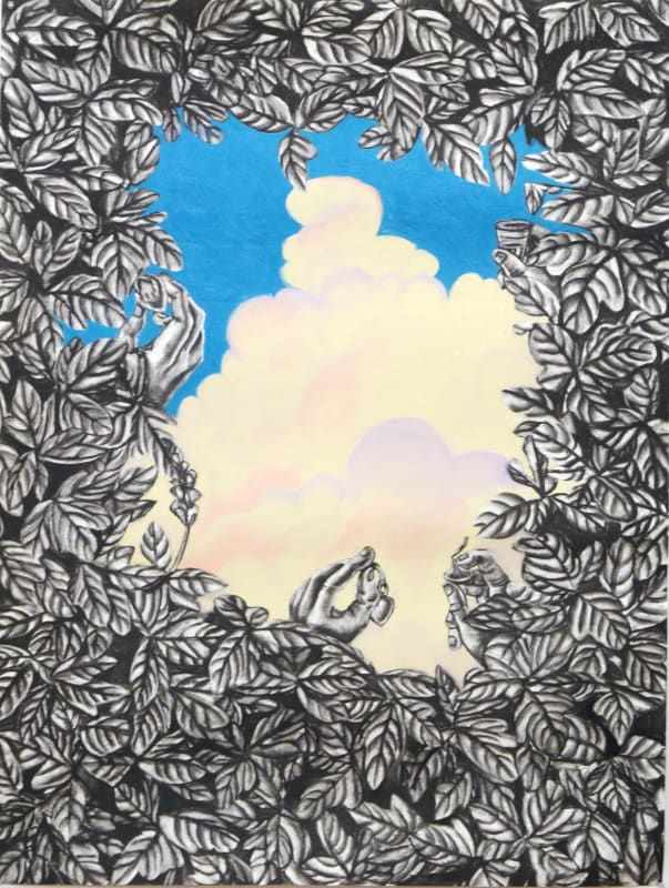 Katie Pell, Untitled from Adoration Drawings, 2018, Pastel and charcoal on paper in mirrored plexiglass frame, 58 x 46 x 1 in, 147.3 x 116.8 x 2.5 cm