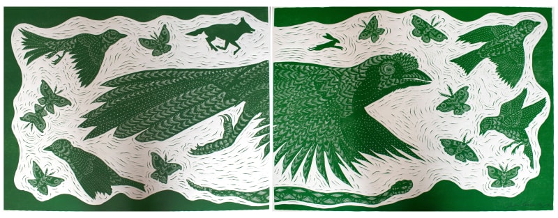 Richard 'Ricky' Armendariz, Flight of the Allies (Carriqui), 2022, Wood block printed on etching press, 38 x 49 in Diptych, 38 x 98 in total, 96.5 x 124.5 cm, 96.5 x 249 cm, Edition of 5 plus 1 artist's proof