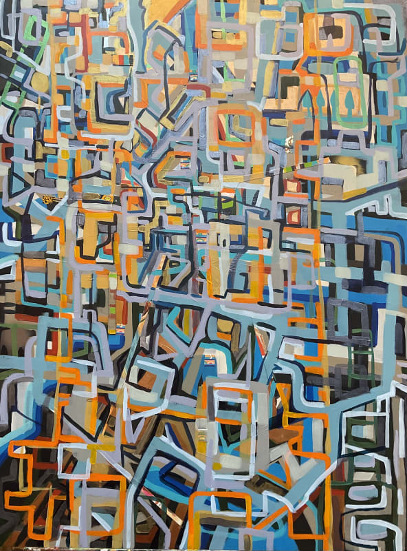 Joan Fabian Reconstruction of a City (Rotterdam), 2023, Signed on bottom left and dated on the reverse, Acrylic, luminescent paint and paper collage, 30 x 24 in 76.2 x 61 cm