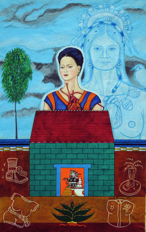 Santa Barraza, Mujeres Nobles Series: Frida con Tezcatlipoca y Coyolxauhqui, 2015, Acrylic on amate paper, Signed and dated lower right,23 x 15 in, 58.4 x 38.1 cm