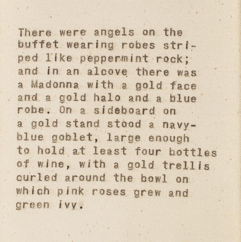Kate Daw, Voice (G. Greene, 1969), 2009, typed ink on canvas, three parts (detail)